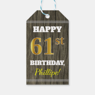 Faux Wood, Faux Gold 61st Birthday + Eigen naam Cadeaulabel