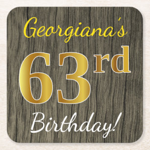 Faux Wood, Faux Gold 63rd Birthday + Eigen naam Vierkante Kartonnen Onderzetter