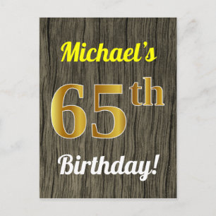 Faux Wood, Faux Gold 65th Birthday & Custom Name Briefkaart