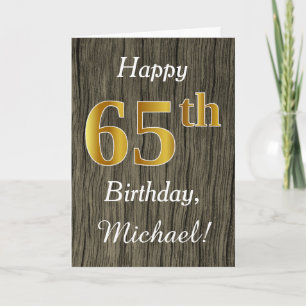 Faux Wood, Faux Gold 65th Birthday + Eigen naam Kaart