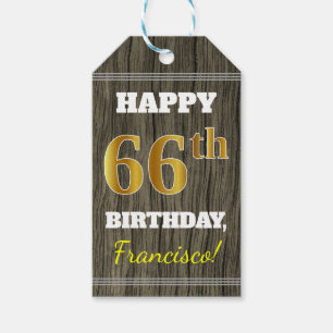 Faux Wood, Faux Gold 66th Birthday + Eigen naam Cadeaulabel