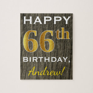 Faux Wood, Faux Gold 66th Birthday + Eigen naam Legpuzzel