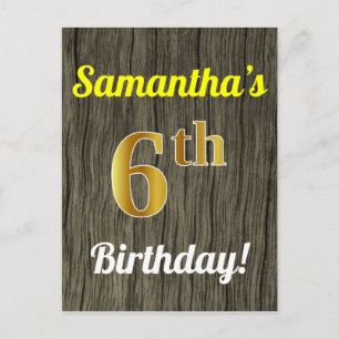 Faux Wood, Faux Gold 6th Birthday & Custom Name Briefkaart