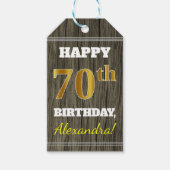 Faux Wood, Faux Gold 70th Birthday + Eigen naam Cadeaulabel (Voorkant)