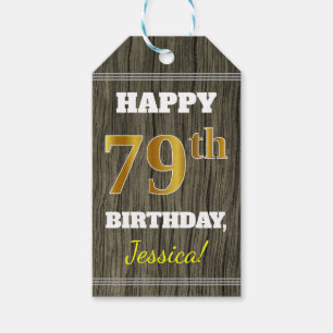 Faux Wood, Faux Gold 79th Birthday + Eigen naam Cadeaulabel