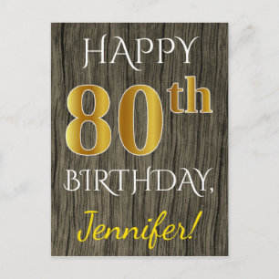 Faux Wood, Faux Gold 80th Birthday + Eigen naam Briefkaart