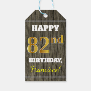 Faux Wood, Faux Gold 82nd Birthday + Eigen naam Cadeaulabel