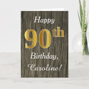 Faux Wood, Faux Gold 90th Birthday + Eigen naam Kaart
