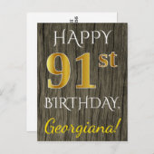 Faux Wood, Faux Gold 91st Birthday + Eigen naam Briefkaart (Voorkant / Achterkant)