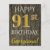Faux Wood, Faux Gold 91st Birthday + Eigen naam Briefkaart (Voorkant)