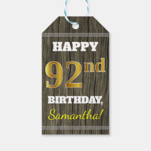 Faux Wood, Faux Gold 92nd Birthday + Eigen naam Cadeaulabel
