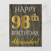 Faux Wood, Faux Gold 98th Birthday + Eigen naam Briefkaart (Voorkant)