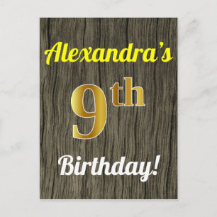 Faux Wood, Faux Gold 9th Birthday & Custom Name Briefkaart
