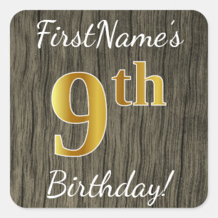 Faux Wood, Faux Gold 9th Birthday + Eigen naam Vierkante Sticker
