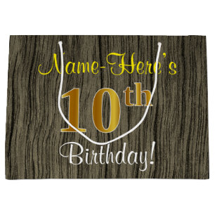 Faux Wood Kijk, Faux Gold 10th Birthday + naam Large Cadeauzakje