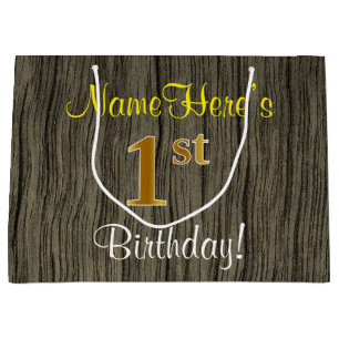 Faux Wood Kijk, Faux Gold 1st Birthday + Naam Large Cadeautasje