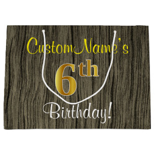 Faux Wood Kijk, Faux Gold 6th Birthday + Naam Large Cadeauzakje