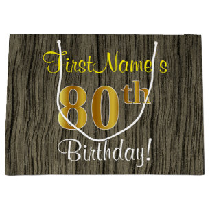 Faux Wood Kijk, Faux Gold 80th Birthday + Naam Large Cadeautasje