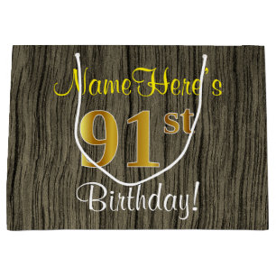 Faux Wood Kijk, Faux Gold 91st Birthday + Naam Large Cadeautasje