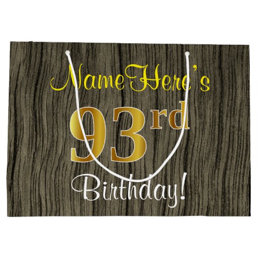 Faux Wood Kijk, Faux Gold 93rd Birthday + Naam Large Cadeautasje (Achterkant)