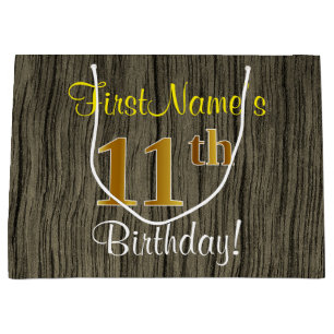 Faux Wood Look, Faux Gold 11e verjaardag + naam Large Cadeauzakje