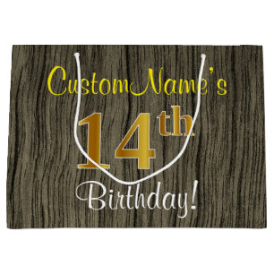 Faux Wood Look, Faux Gold 14e verjaardag + naam Large Cadeauzakje