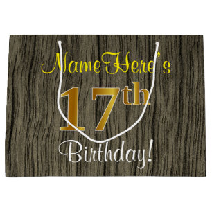 Faux Wood Look, Faux Gold 17e verjaardag + naam Large Cadeauzakje