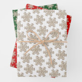 Faux Wood Snowflake Patroon op wit rood Groen Inpakpapier Vel (In situ)