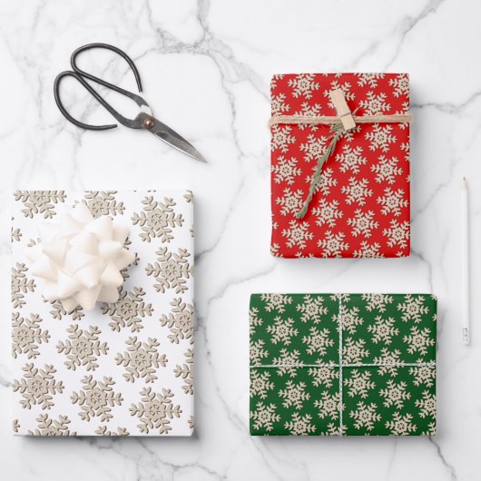 Faux Wood Snowflake Patroon op wit rood Groen Inpakpapier Vel (Voorkant)