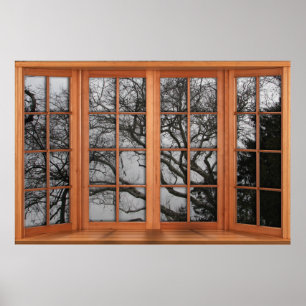 Faux Wooden Bay Window Illusion - Winter Uitzicht Poster