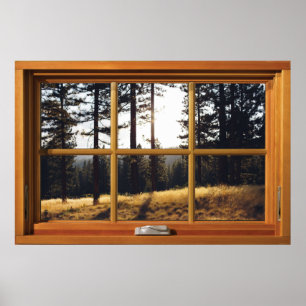 Faux Wooden Window Illusion - Autumn Pine Trees Poster