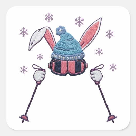 Faux yarn skiing rabbit winter humor vierkante sticker (Voorkant)