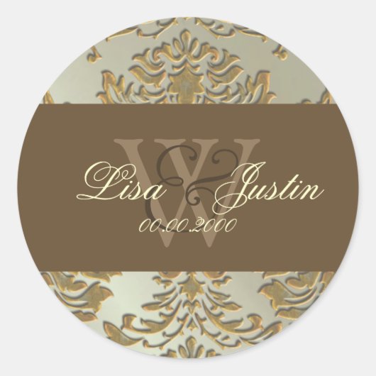 Faux zilver/goud Damask monogram bruiloft stickers (Voorkant)