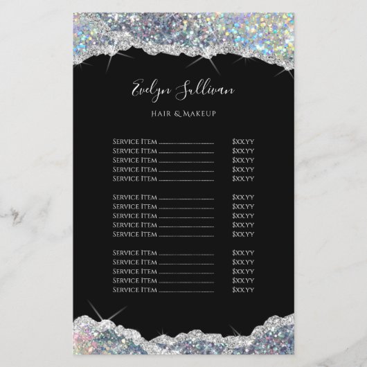 Faux zilver iriserende glitter prijslijst flyer (Voorkant)