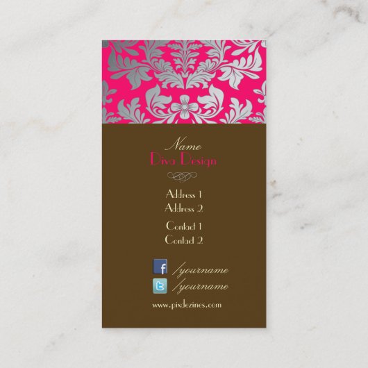Faux zilveren barokke damast hot pink + chocolade visitekaartje (Achterkant)