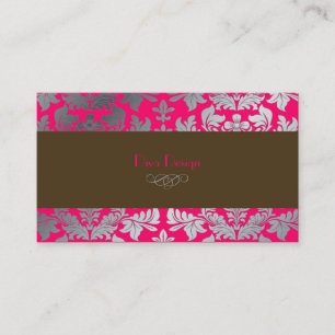 Faux zilveren barokke damast hot pink + chocolade visitekaartje