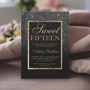 Faux zwart glitter goud elegant chic Sweet 15 Kaart