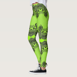 Faux Zwart Kant Fishnet Leggings Neon Groene Kleur