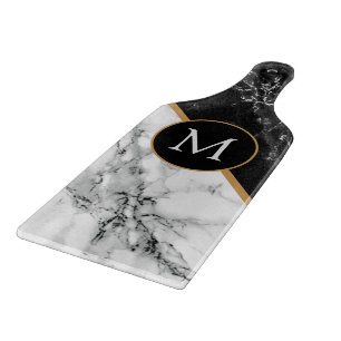 Faux Zwart Wit Marmer Monogram Snijplank