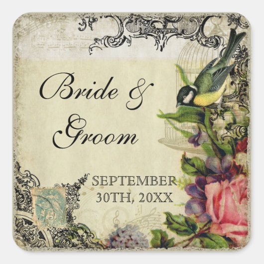 Favor Gift Seals Label Yellow Song Bird Cage Flora (Voorkant)