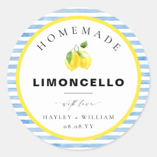 Favor met blauwe waterverfstreep limoncello ronde sticker