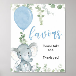 Favors baby shower sign blue elephant greenery poster