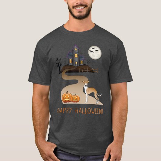 Fawn and White Iggy and Halloween Hauning House T-shirt (Voorkant)
