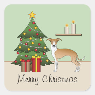 Fawn and White Italiaanse Greyhound & kerstboom Vierkante Sticker