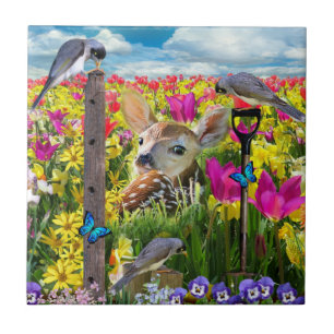 Fawn Birds Field of Flowers Tegeltje