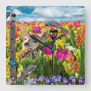 Fawn Birds Field of Flowers Vierkante Klok