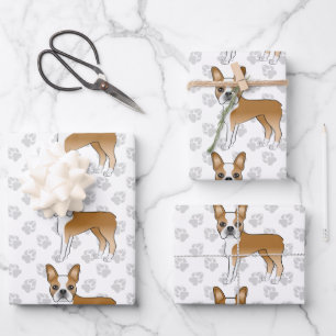 Fawn Boston Terrier Cartoon Dogs & Paws Pattern Inpakpapier Vel