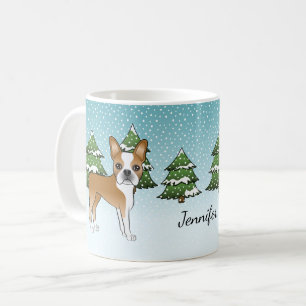 Fawn Boston Terrier in a Winter Forest & Name Koffiemok