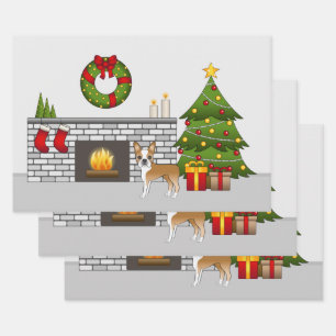 Fawn Boston Terrier in een feestelijke kerstzaal Inpakpapier Vel