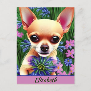 Fawn Chihuahua Puppy in Flower Meadow Personalized Briefkaart